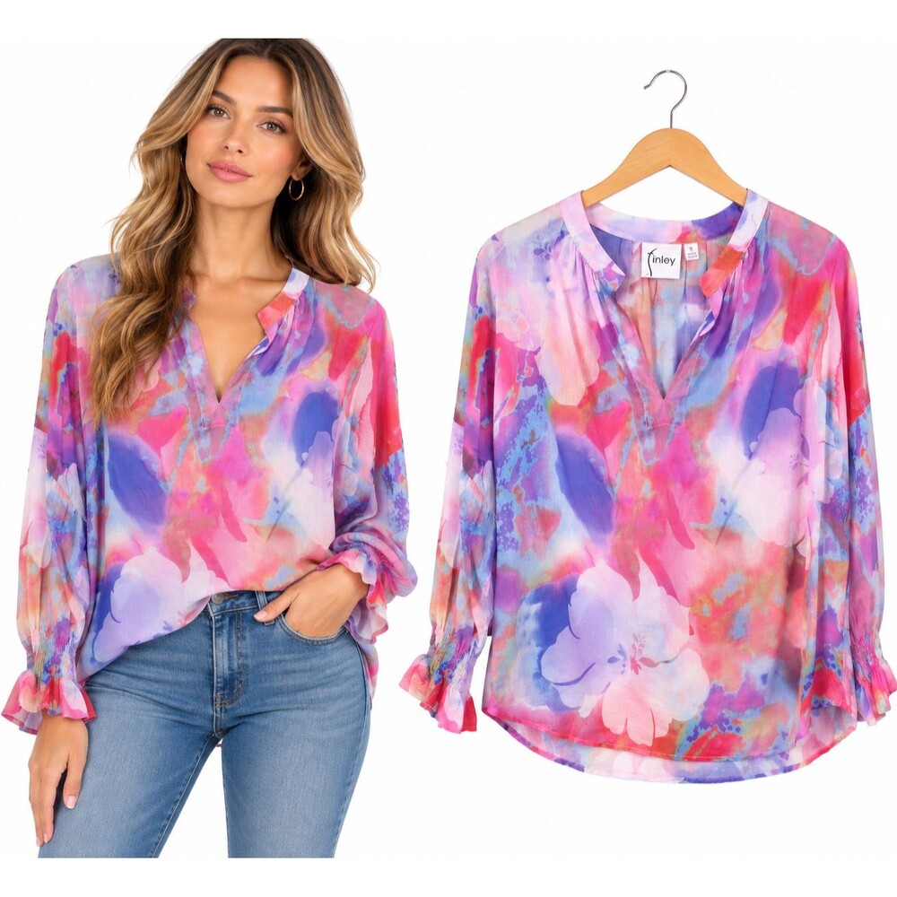 Finley Blouse Top Size Small Smocked Ruffle Sleeve Watercolor Floral